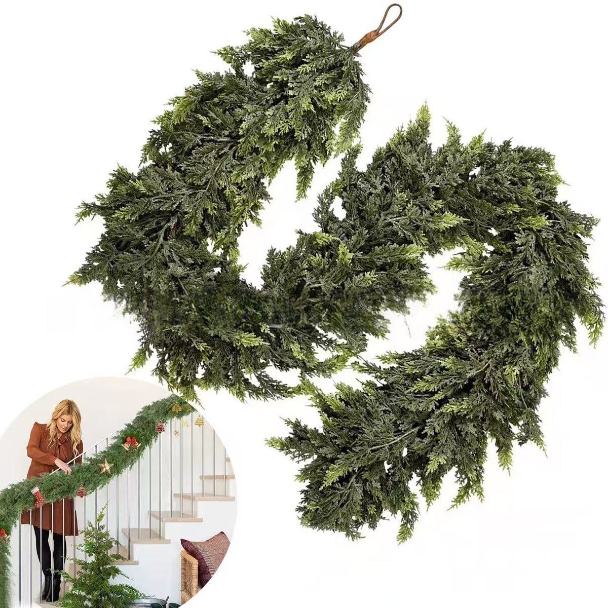 Cross-border popular Christmas pine and cypress leaf rattan wreath, handmade Norfolk pine and cypress rattan
