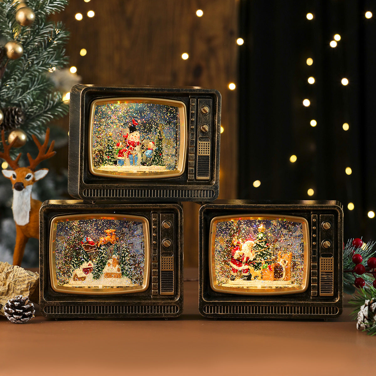 New Christmas Musical Snowflake Water-filled TV Night Light Gift Ornament Christmas Decoration Music Box