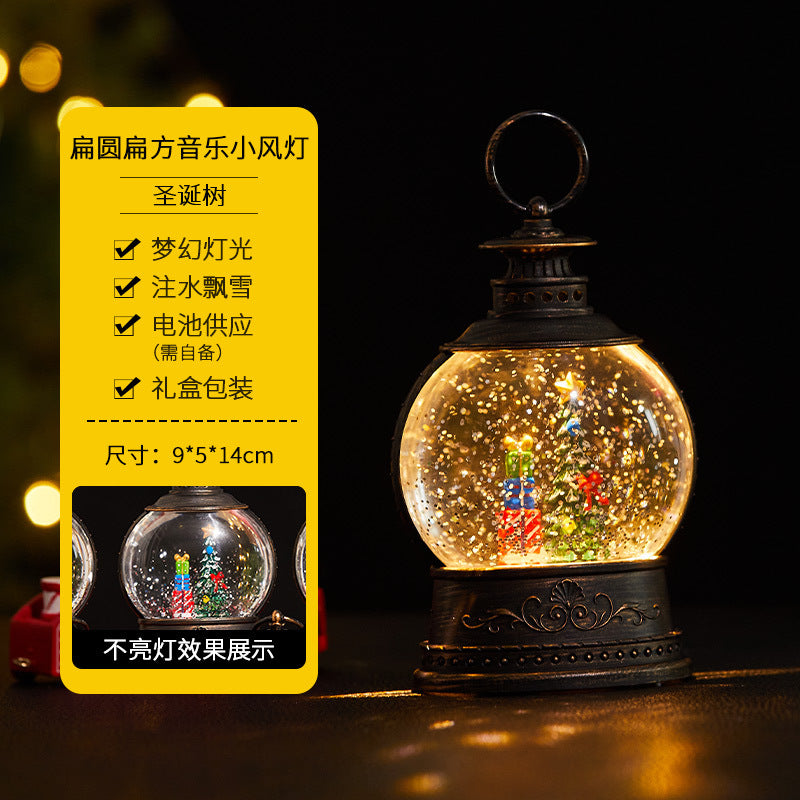 Christmas decorations, illuminated interior scene, water-filled flat round lanterns, electronic candles, flame lights, scene setup.
