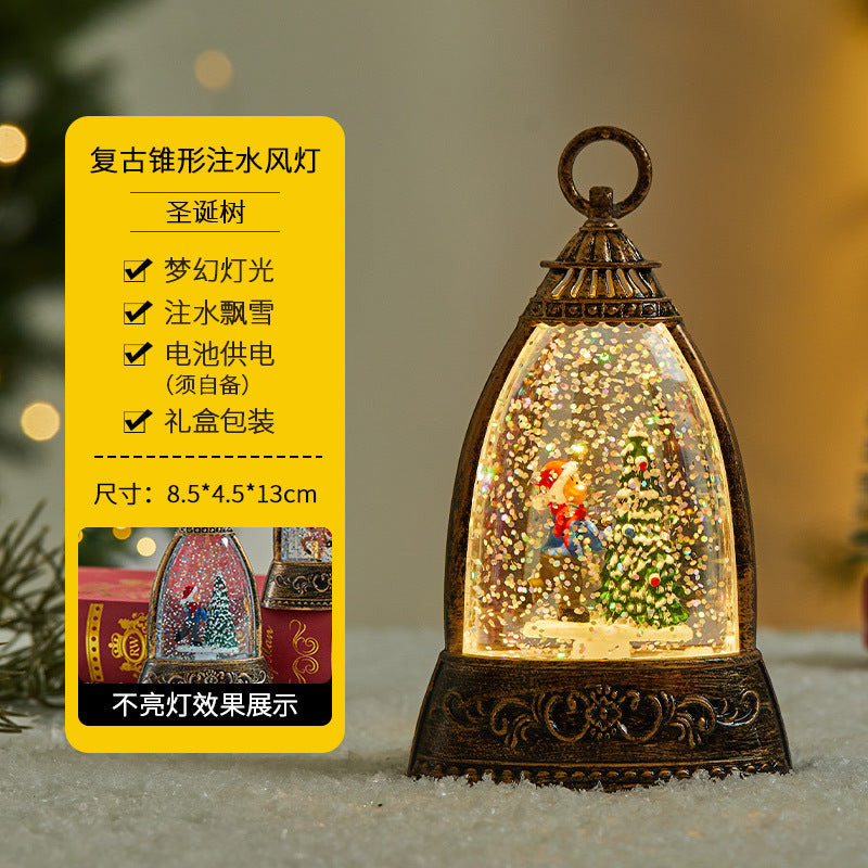 Christmas decorations, illuminated interior scene, water-filled flat round lanterns, electronic candles, flame lights, scene setup.