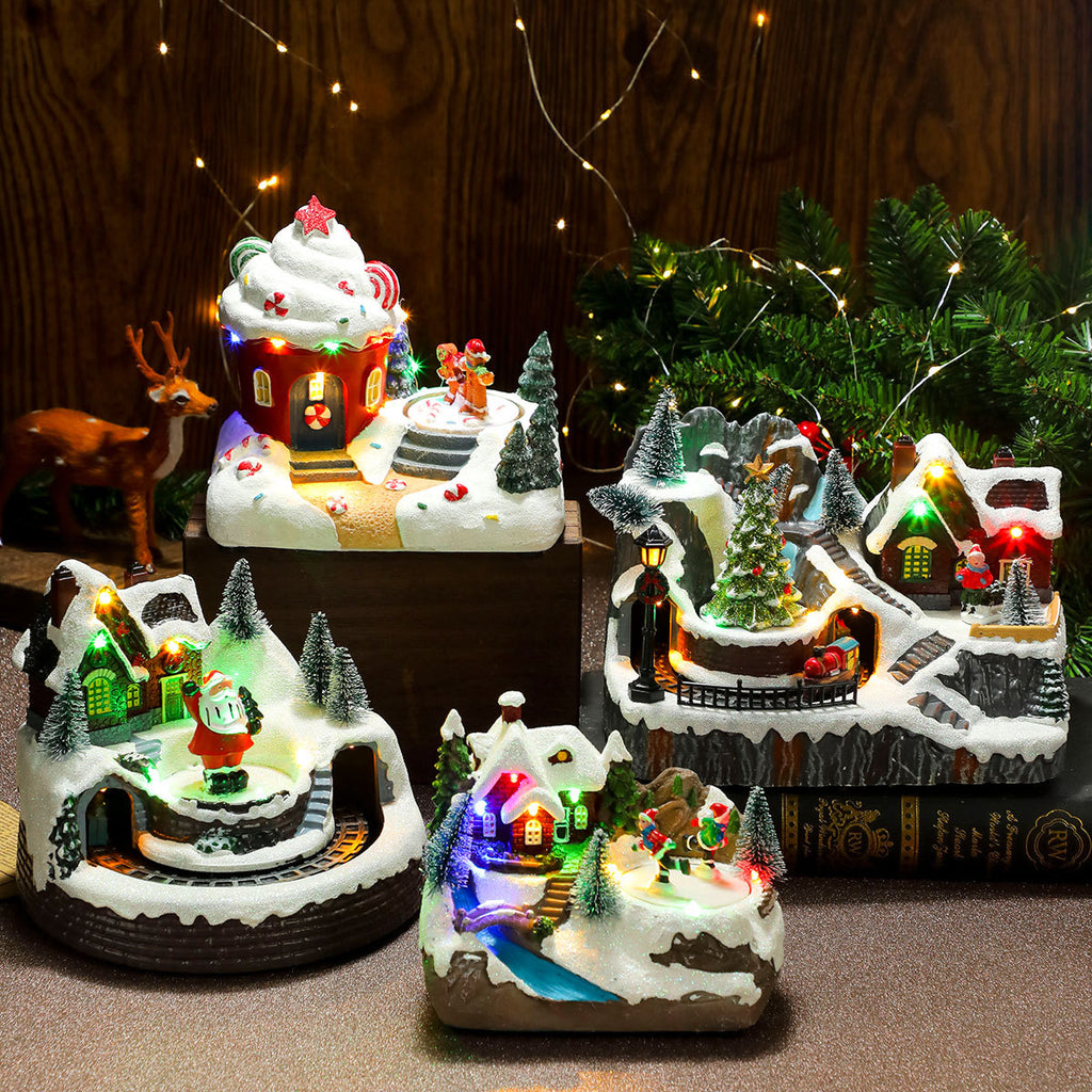 Multiple Christmas rotating resin light-up music box ornaments, rotating train decorations, Christmas gifts.