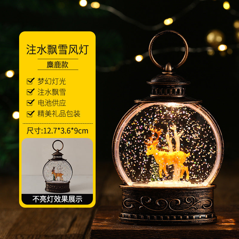 Christmas decorations, illuminated interior scene, water-filled flat round lanterns, electronic candles, flame lights, scene setup.