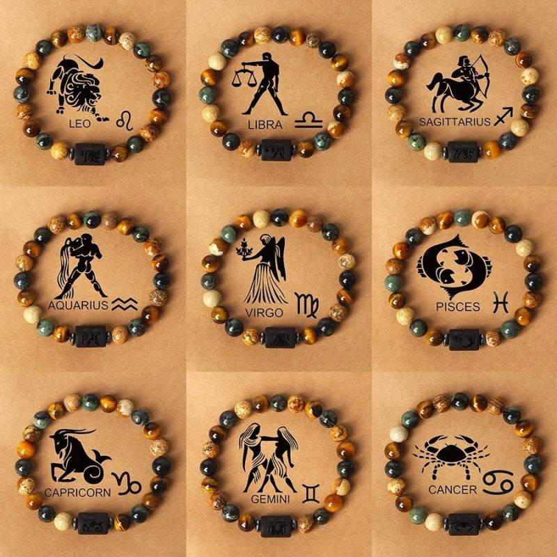 Fashion hot sale twelve constellations natural stone beaded bracelet tiger eye stone picture stone crystal bracelet wholesale bracelet