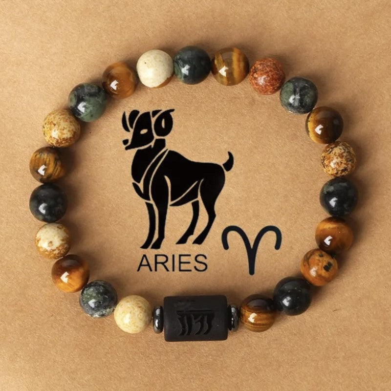 Fashion hot sale twelve constellations natural stone beaded bracelet tiger eye stone picture stone crystal bracelet wholesale bracelet