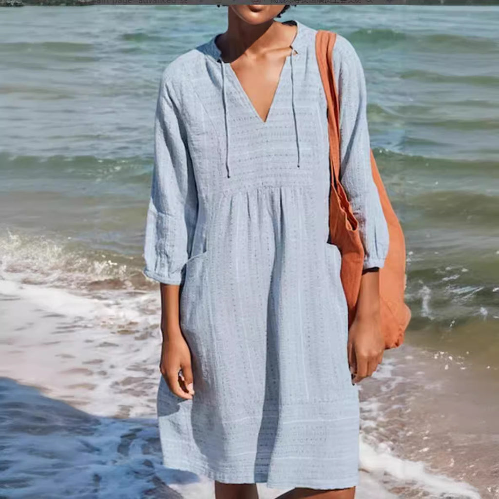 2026 Spring European and American New Jacquard Cotton and Linen Dress Amazon Hot Item V-neck Casual Loose Pocket Dress