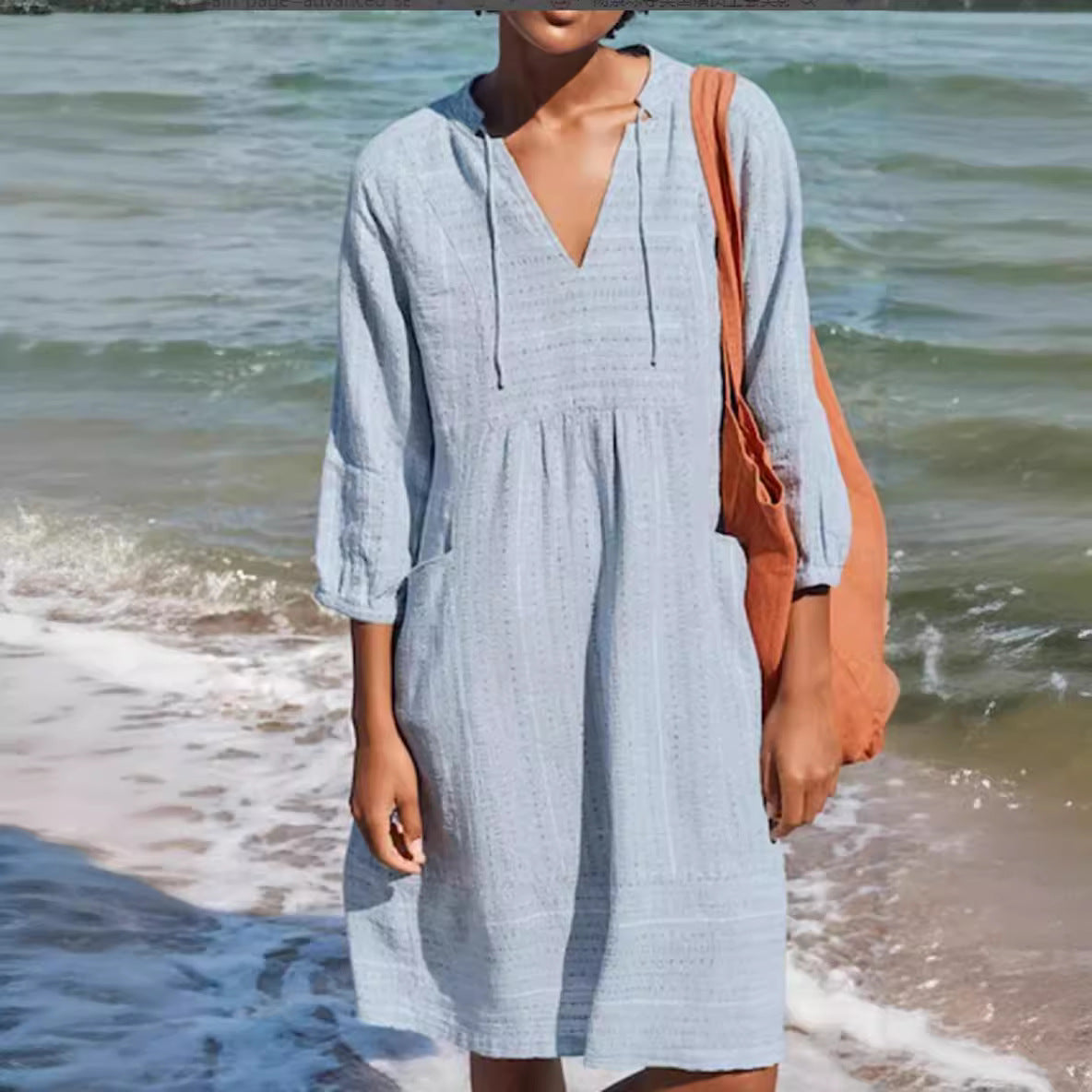 2026 Spring European and American New Jacquard Cotton and Linen Dress Amazon Hot Item V-neck Casual Loose Pocket Dress