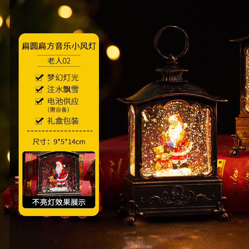 Christmas decorations, illuminated interior scene, water-filled flat round lanterns, electronic candles, flame lights, scene setup.