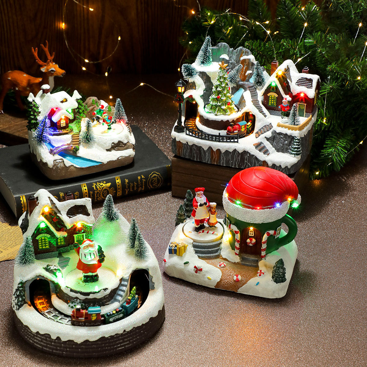 Multiple Christmas rotating resin light-up music box ornaments, rotating train decorations, Christmas gifts.