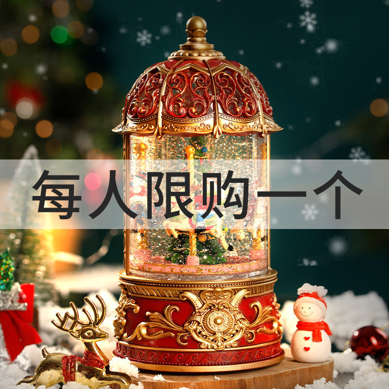Christmas decorations, vintage snow music box scene arrangement, carousel music box, atmospheric gift.