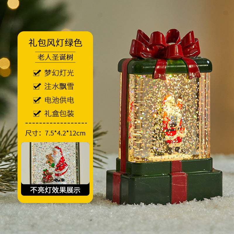 Christmas decorations, illuminated interior scene, water-filled flat round lanterns, electronic candles, flame lights, scene setup.