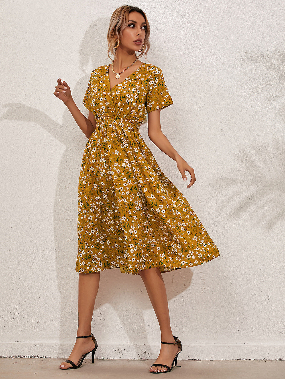 Amazon foreign trade women's clothing Europe and the United States Europe station cross-border summer small floral print short-sleeved dress