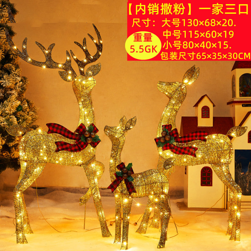Christmas glowing deer decoration for shopping malls, outdoor wrought iron deer with lights, lawn and yard lighting, Christmas deer pulling a sleigh ornament.
