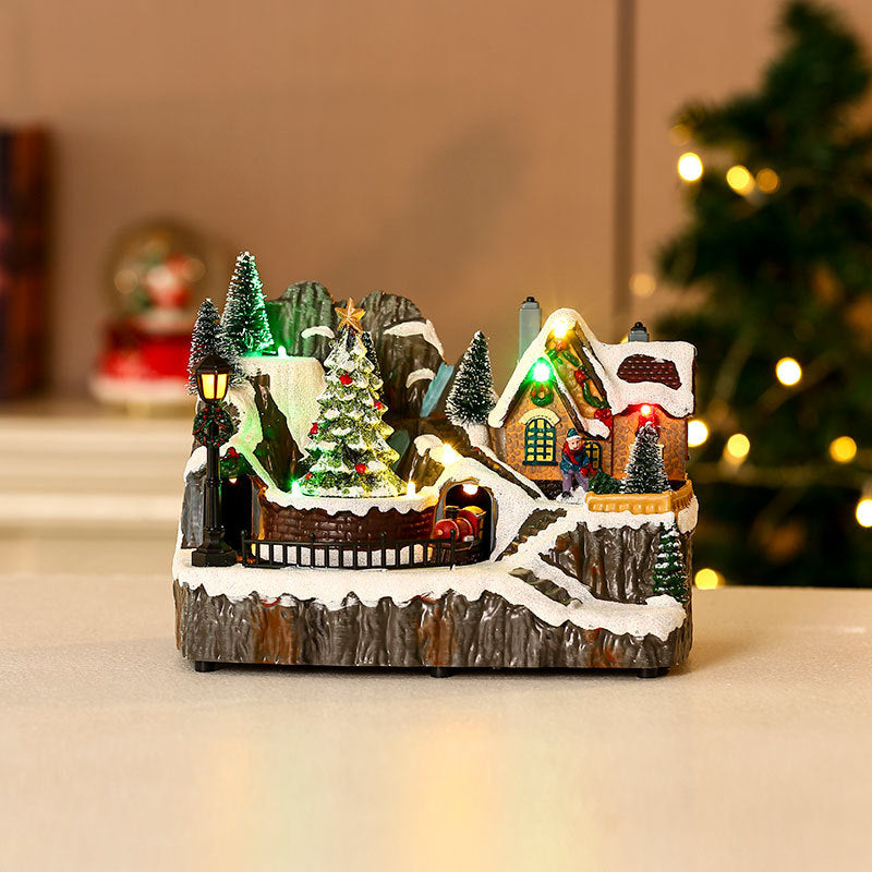 Multiple Christmas rotating resin light-up music box ornaments, rotating train decorations, Christmas gifts.