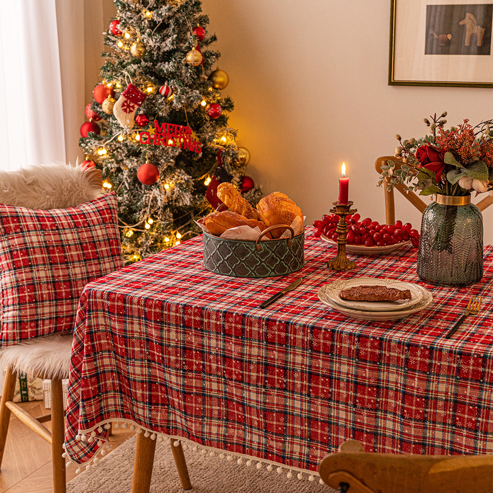 Christmas checkered snowflake printed rectangular coffee tablecloth, Christmas decorative tablecloth, atmospheric backdrop