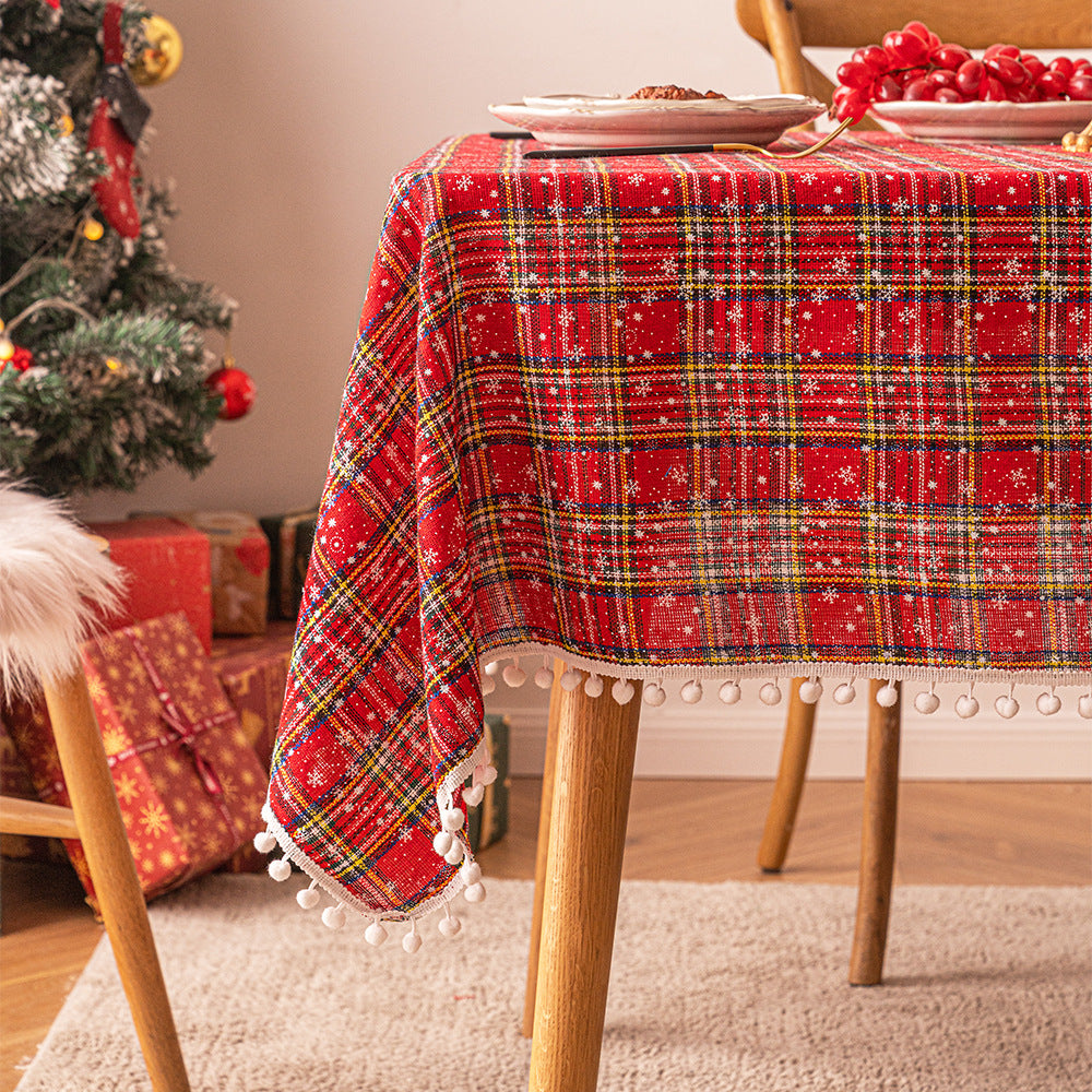 Christmas checkered snowflake printed rectangular coffee tablecloth, Christmas decorative tablecloth, atmospheric backdrop