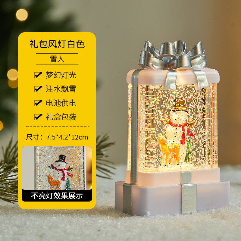 Christmas decorations, illuminated interior scene, water-filled flat round lanterns, electronic candles, flame lights, scene setup.