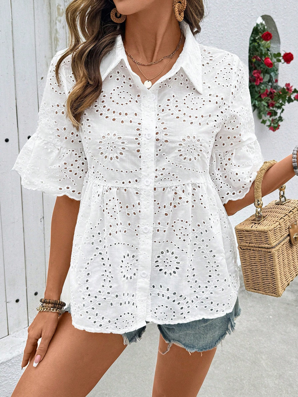 2026 Spring/Summer Foreign Trade European and American Cross-border E-commerce Mid-Sleeve Collared Cardigan with Lace Trim and Hollow-Out Pure White Chiffon T-Shirt for Women