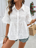2026 Spring/Summer Foreign Trade European and American Cross-border E-commerce Mid-Sleeve Collared Cardigan with Lace Trim and Hollow-Out Pure White Chiffon T-Shirt for Women