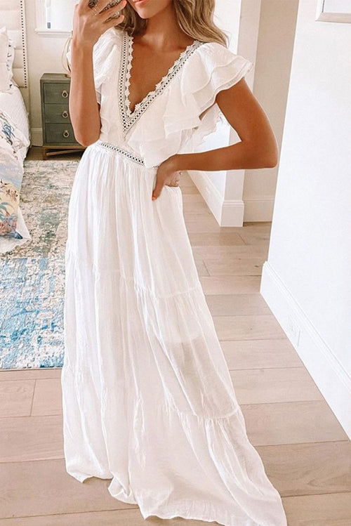 2026 European and American spring and summer new short-sleeved dress for women Amazon foreign trade white lace V-neck long dress