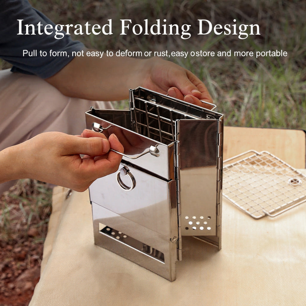 Outdoor Folding Wood Stove Mini Stainless Steel Grill BBQ Camping Picnic Folding Charcoal Stove Outdoor Grill