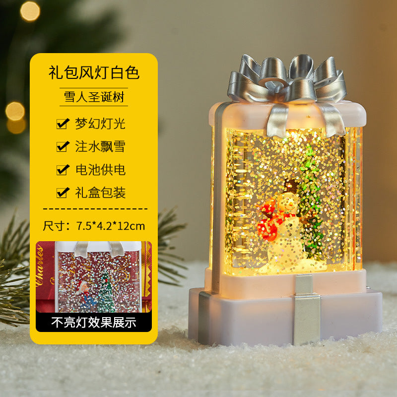 Christmas decorations, illuminated interior scene, water-filled flat round lanterns, electronic candles, flame lights, scene setup.