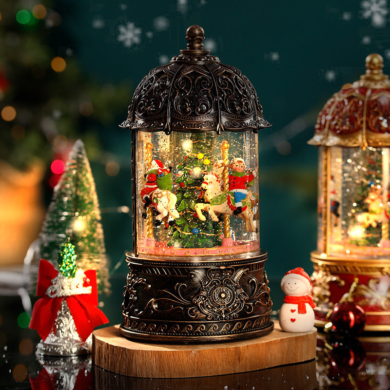 Christmas decorations, vintage snow music box scene arrangement, carousel music box, atmospheric gift.