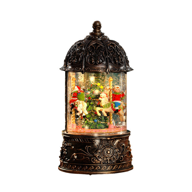 Christmas decorations, vintage snow music box scene arrangement, carousel music box, atmospheric gift.