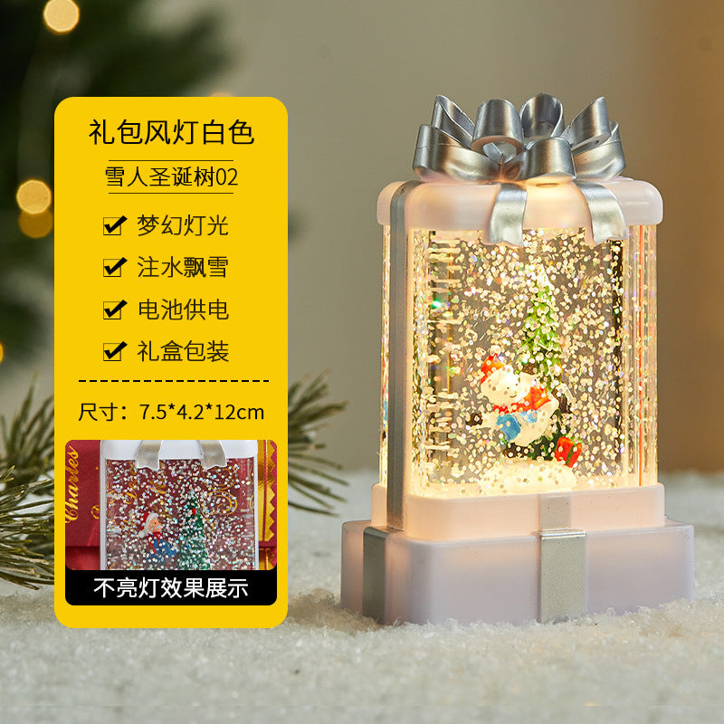 Christmas decorations, illuminated interior scene, water-filled flat round lanterns, electronic candles, flame lights, scene setup.