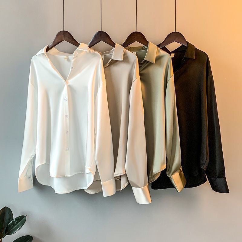 2026 Spring and Autumn New Long-sleeved Satin Shirt Women's Design Sense Niche Versatile Drape Retro Hong Kong Style Shirt Top