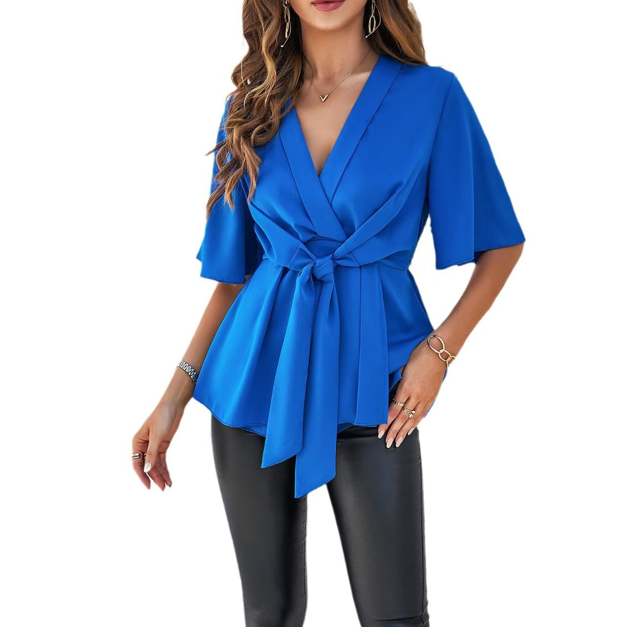 Amazon cross-border e-commerce women's clothing spring/summer V-neck solid color elegant five-sleeve tie waist-cinching top