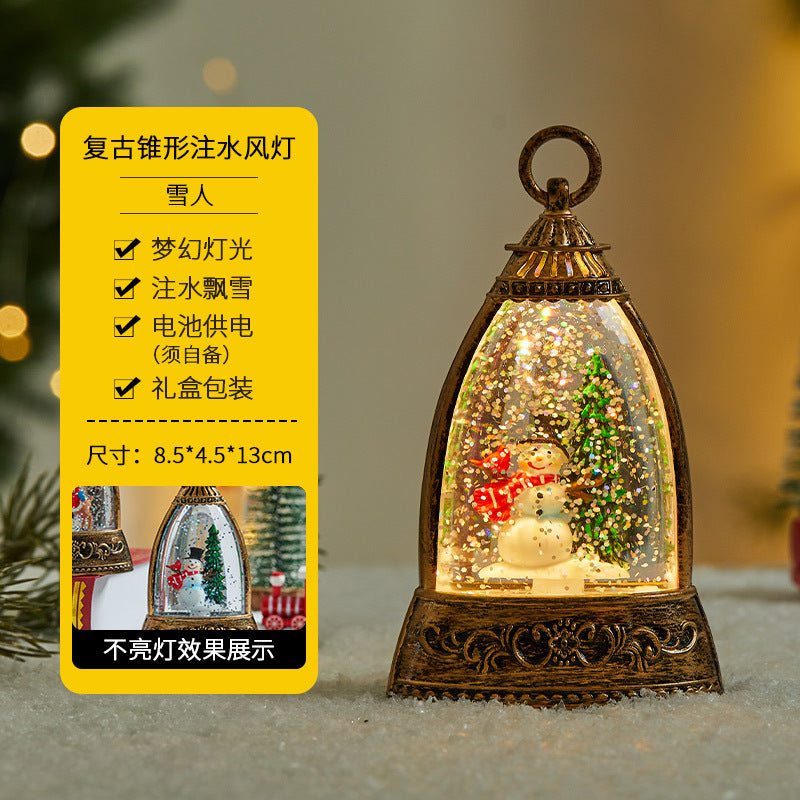 Christmas decorations, illuminated interior scene, water-filled flat round lanterns, electronic candles, flame lights, scene setup.