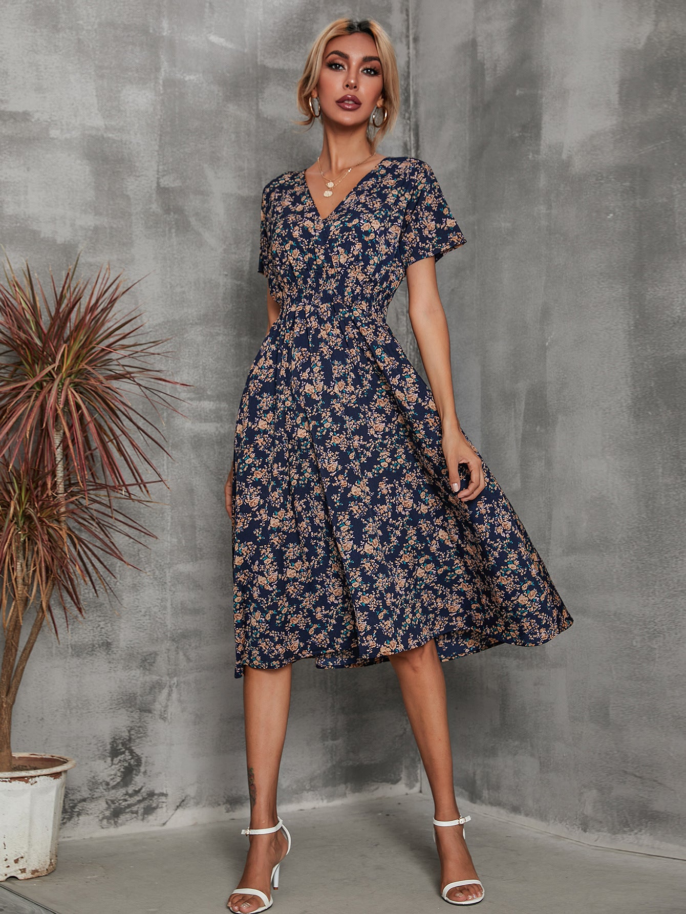 Amazon foreign trade women's clothing Europe and the United States Europe station cross-border summer small floral print short-sleeved dress