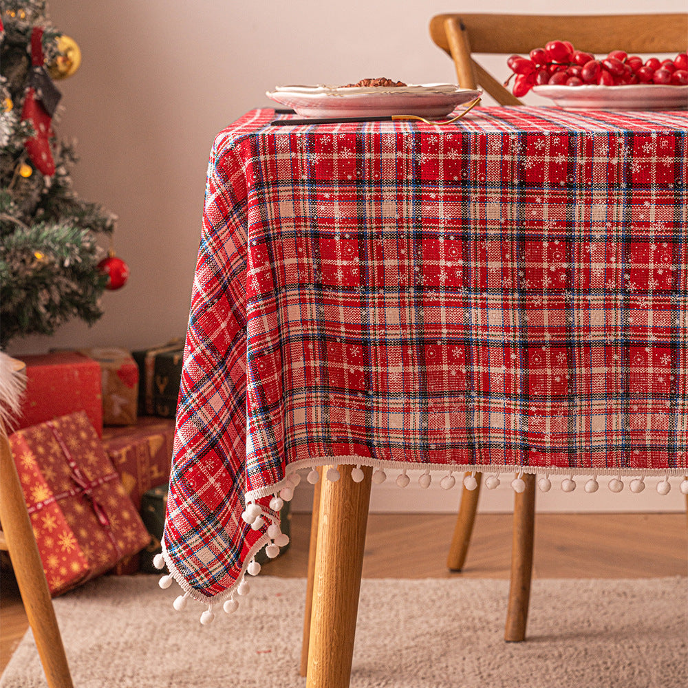 Christmas checkered snowflake printed rectangular coffee tablecloth, Christmas decorative tablecloth, atmospheric backdrop