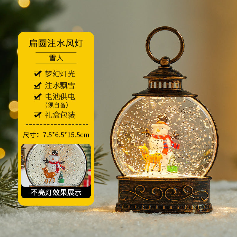 Christmas decorations, illuminated interior scene, water-filled flat round lanterns, electronic candles, flame lights, scene setup.