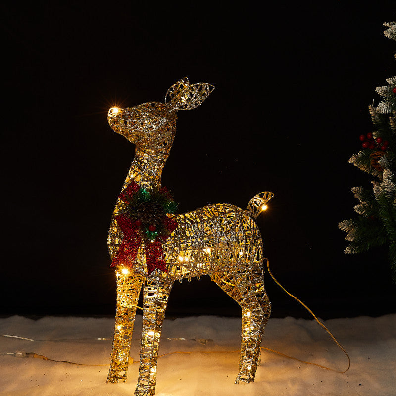 Christmas glowing deer decoration for shopping malls, outdoor wrought iron deer with lights, lawn and yard lighting, Christmas deer pulling a sleigh ornament.