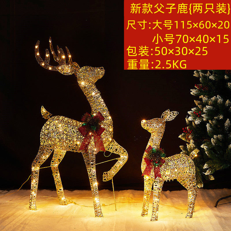 Christmas glowing deer decoration for shopping malls, outdoor wrought iron deer with lights, lawn and yard lighting, Christmas deer pulling a sleigh ornament.