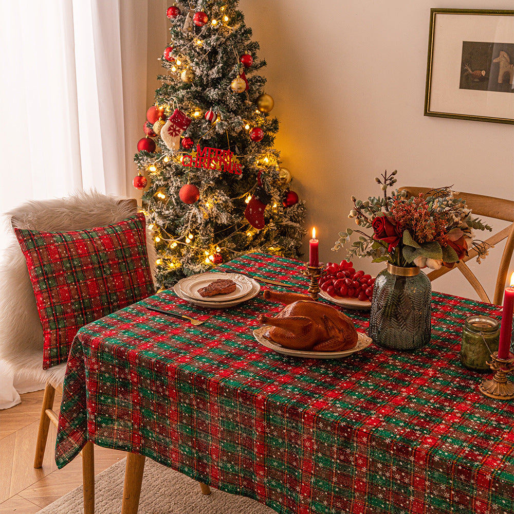 Christmas checkered snowflake printed rectangular coffee tablecloth, Christmas decorative tablecloth, atmospheric backdrop