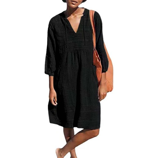 2026 Spring European and American New Jacquard Cotton and Linen Dress Amazon Hot Item V-neck Casual Loose Pocket Dress