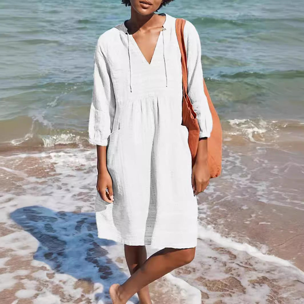 2026 Spring European and American New Jacquard Cotton and Linen Dress Amazon Hot Item V-neck Casual Loose Pocket Dress