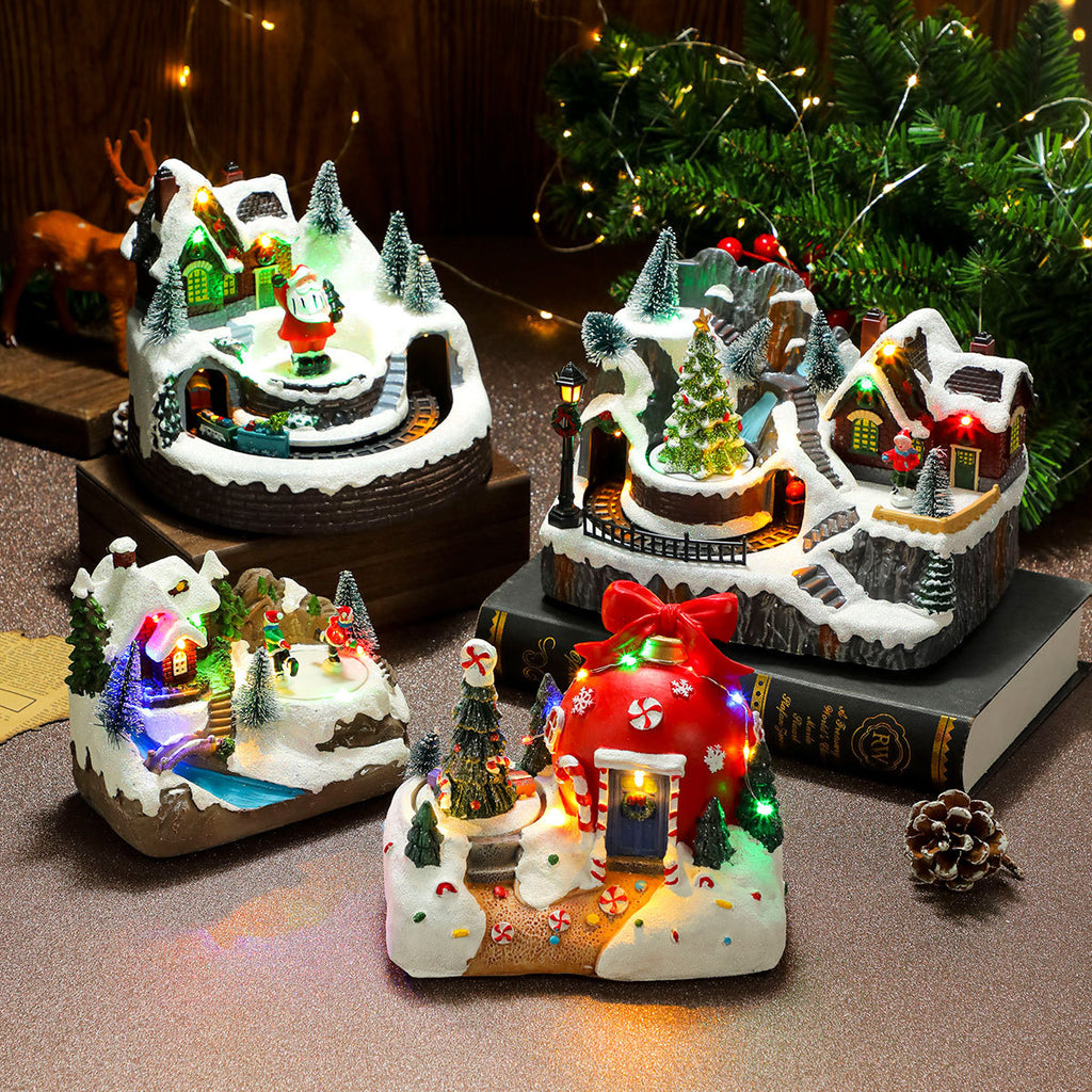 Multiple Christmas rotating resin light-up music box ornaments, rotating train decorations, Christmas gifts.