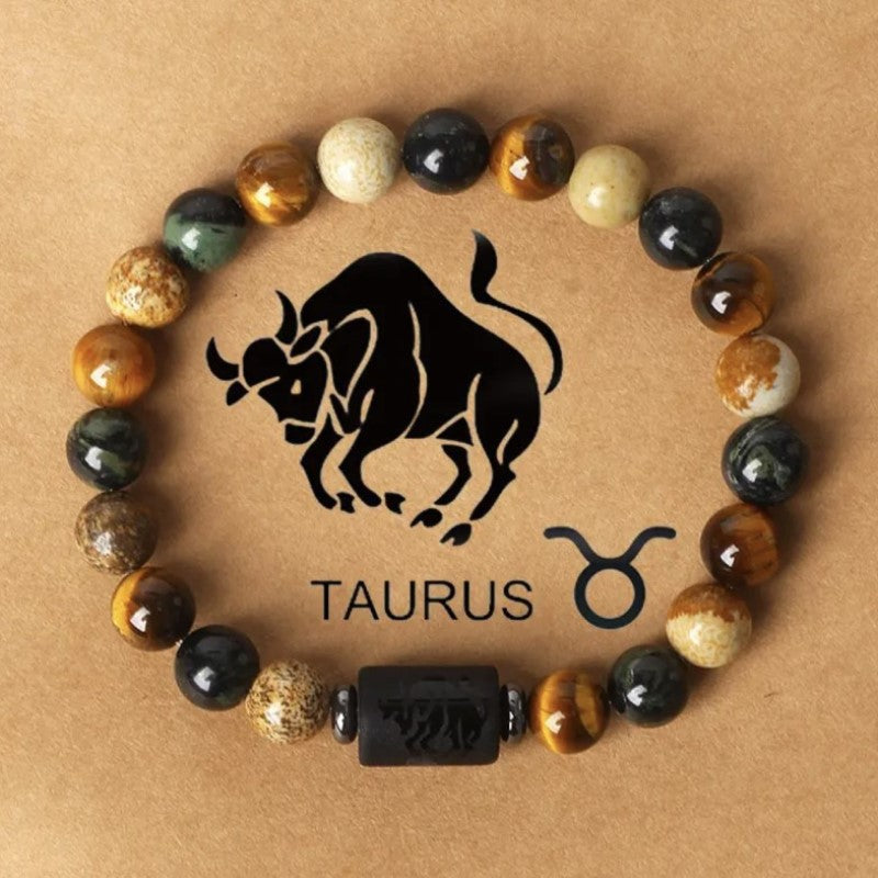Fashion hot sale twelve constellations natural stone beaded bracelet tiger eye stone picture stone crystal bracelet wholesale bracelet