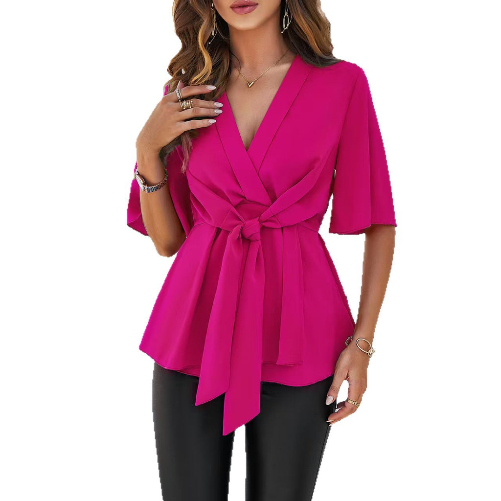 Amazon cross-border e-commerce women's clothing spring/summer V-neck solid color elegant five-sleeve tie waist-cinching top