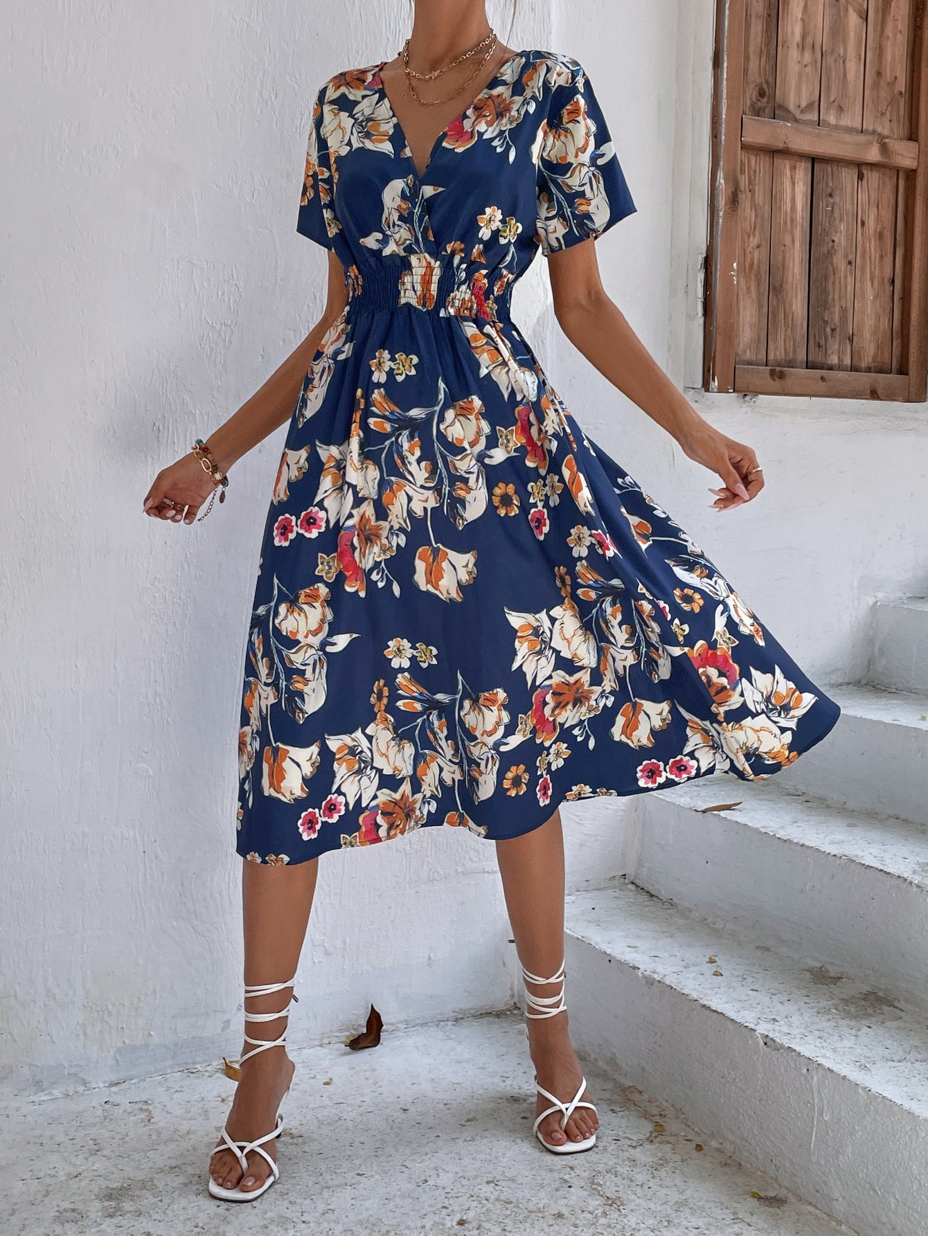 Amazon foreign trade women's clothing Europe and the United States Europe station cross-border summer small floral print short-sleeved dress