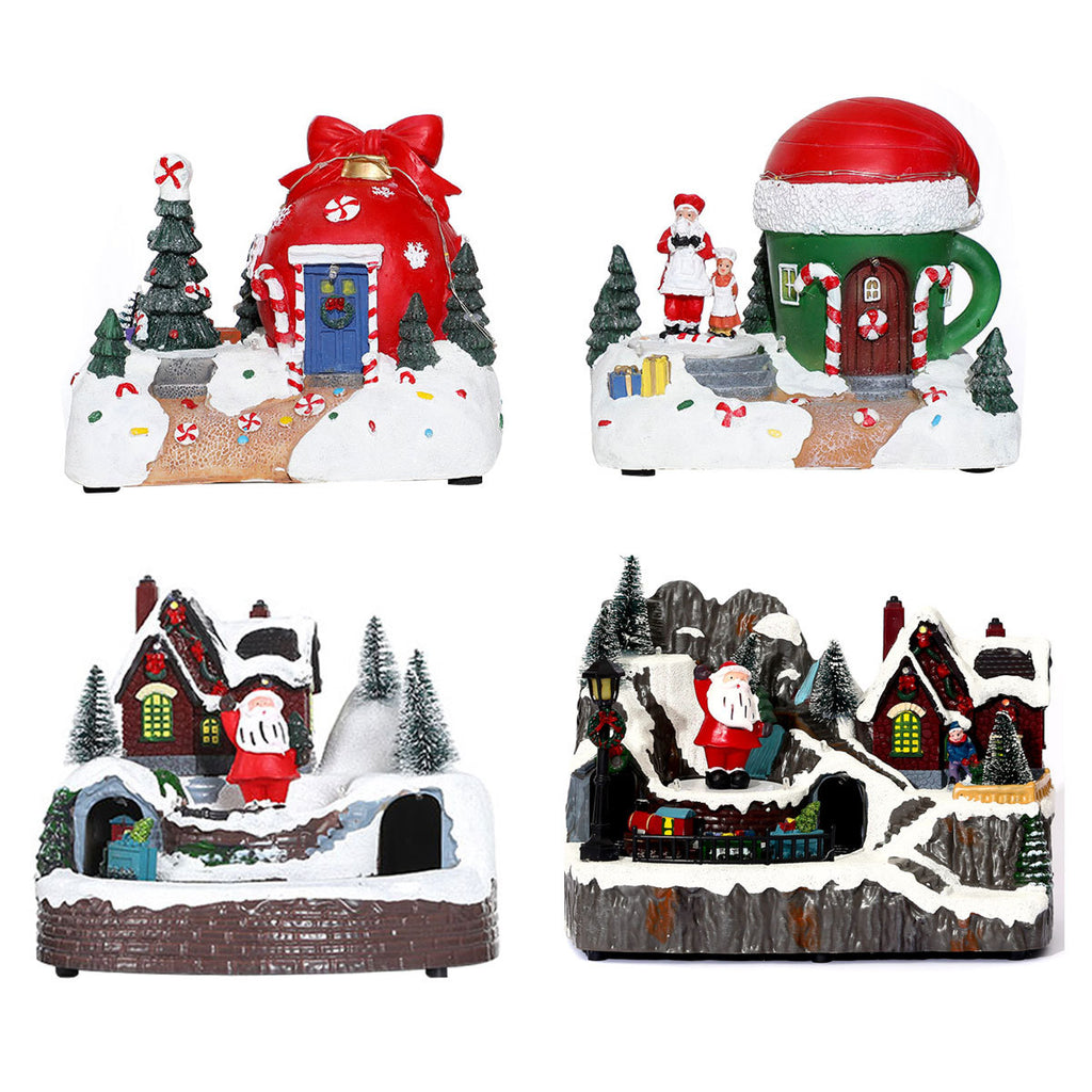 Multiple Christmas rotating resin light-up music box ornaments, rotating train decorations, Christmas gifts.