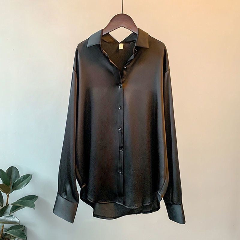 2026 Spring and Autumn New Long-sleeved Satin Shirt Women's Design Sense Niche Versatile Drape Retro Hong Kong Style Shirt Top