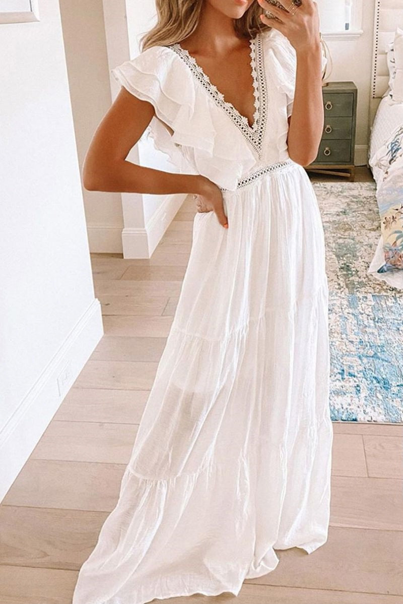 2026 European and American spring and summer new short-sleeved dress for women Amazon foreign trade white lace V-neck long dress
