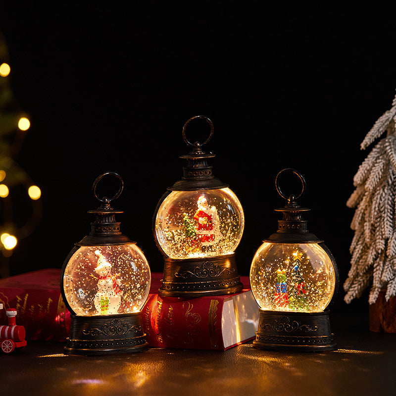 Christmas decorations, illuminated interior scene, water-filled flat round lanterns, electronic candles, flame lights, scene setup.