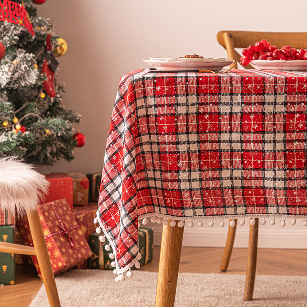 Christmas checkered snowflake printed rectangular coffee tablecloth, Christmas decorative tablecloth, atmospheric backdrop