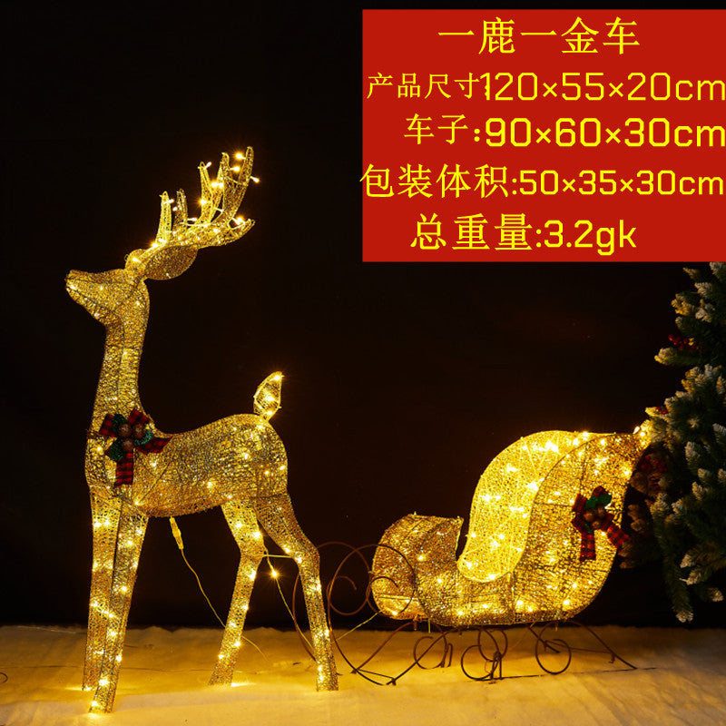 Christmas glowing deer decoration for shopping malls, outdoor wrought iron deer with lights, lawn and yard lighting, Christmas deer pulling a sleigh ornament.