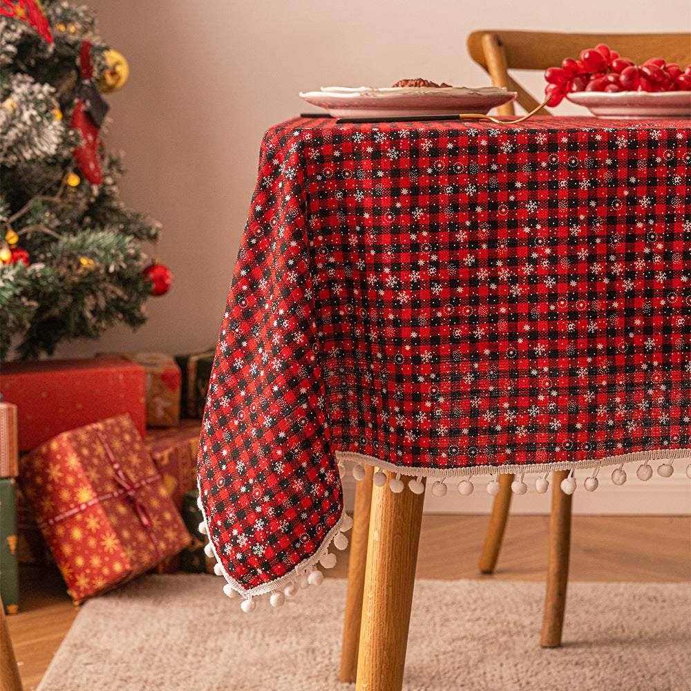 Christmas checkered snowflake printed rectangular coffee tablecloth, Christmas decorative tablecloth, atmospheric backdrop